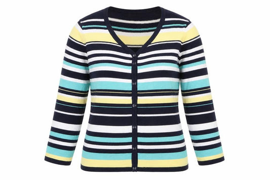 Front view of M&Co women’s multicoloured round neck striped viscose jumper, size UK 14