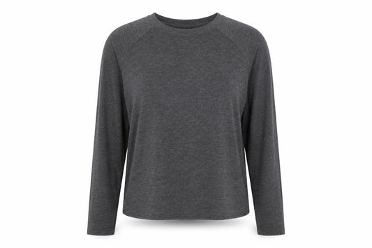 Front view of ASOS women’s grey crew neck polyester jumper, size UK 12