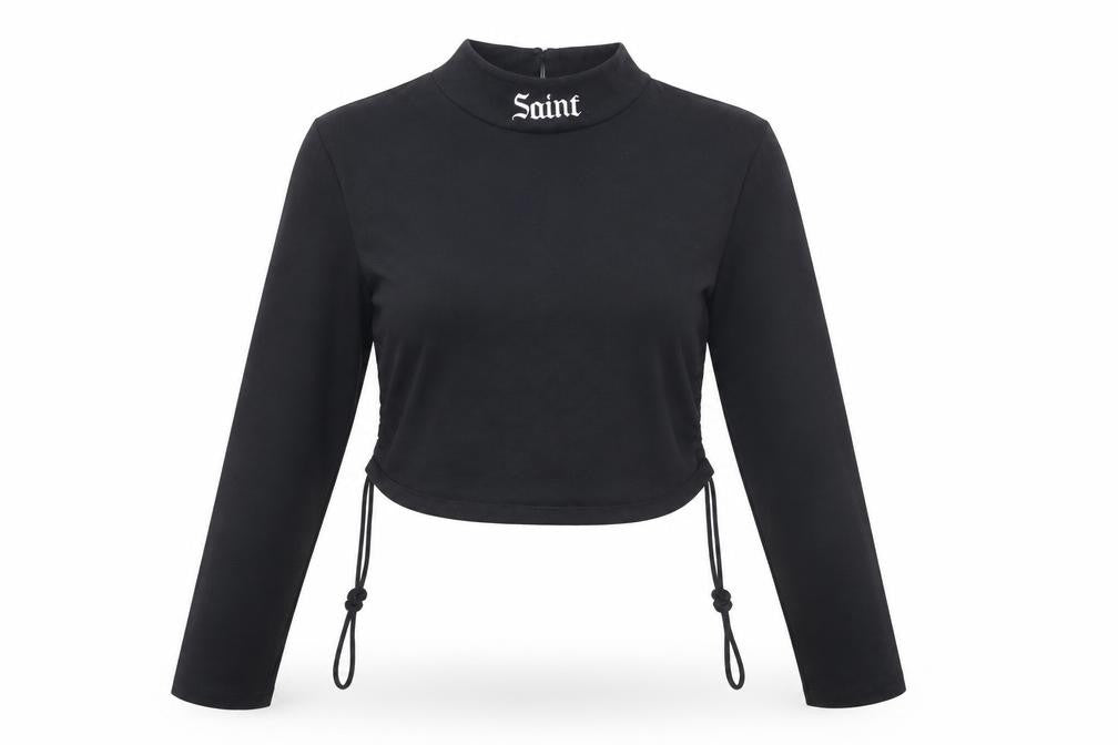 Front view of Motel Rocks women’s black high neck cotton jumper, size L