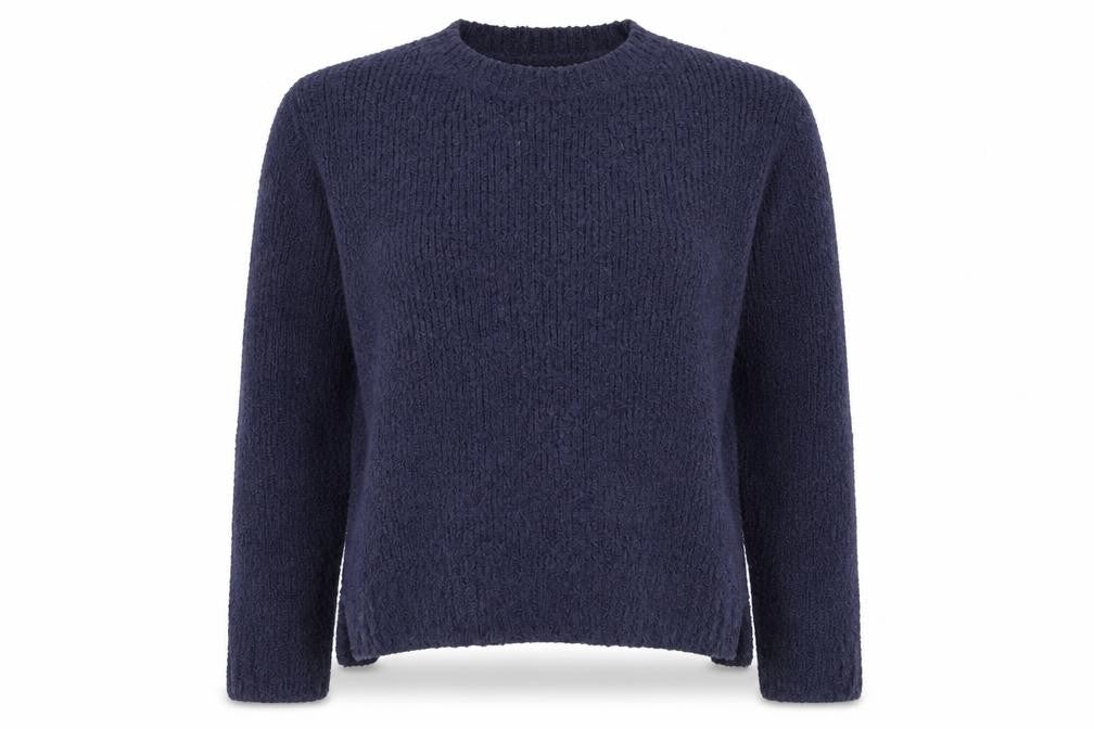 Front view of H&M women’s blue round neck cotton jumper, size S