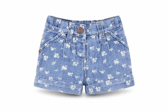 Front view of Next girls’ blue floral polyester cropped jeans, size 9-12, months button