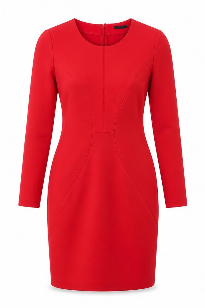 Front view of Sisley women’s red polyester bodycon, size S, round neck zip