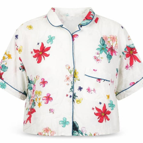 Pull&Bear Womens Multicoloured Floral Viscose Cropped Blouse Size L Collared