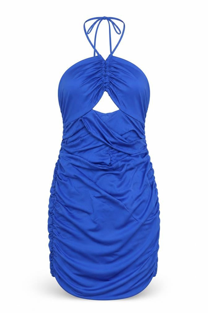 Front view of SHEIN women’s blue polyester bodycon, size S, halter tie
