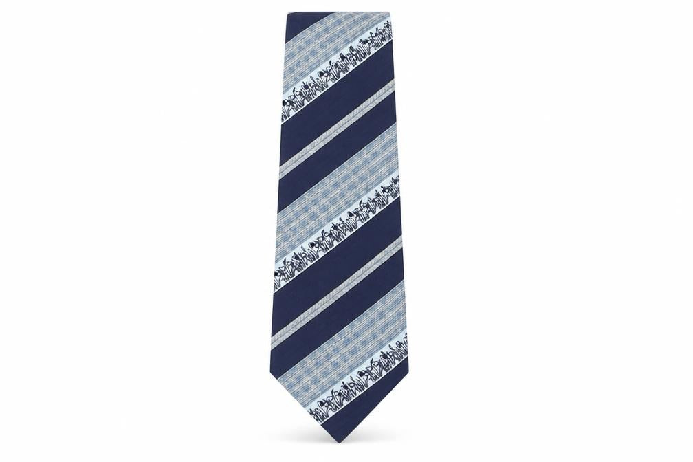 Front view of Distinctive men’s blue geometric polyester pointed tie one size