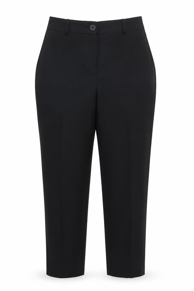 Front view of Dunnes women’s black polyester dress pants trousers, size UK 10, 29-inch leg regular button