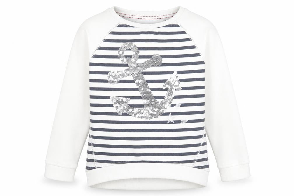 Front view of Dunnes girls’ white striped cotton pullover sweatshirt, size 5, years - anchor