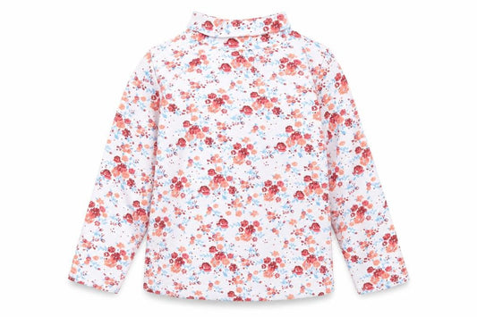 Front view of Cantarana Baby White Floral Cotton Pullover T-Shirt, size 12, Months High Neck Button