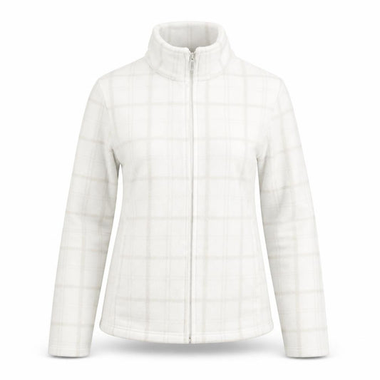 Front view of The Basics women’s white check jacket, size XS, zip
