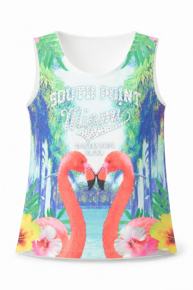 Evie Girls White  Polyester Basic Tank Size 7-8 Years Round Neck Pullover - South Point Miami Flamingo
