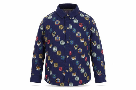 Front view of ANGEL & ROCKET boys’ blue 100% cotton basic button-up, size 5, years collared button