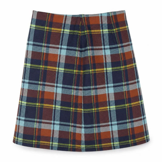 Front view of Marks & Spencer women’s multicoloured check polyester a-line skirt, size UK 8