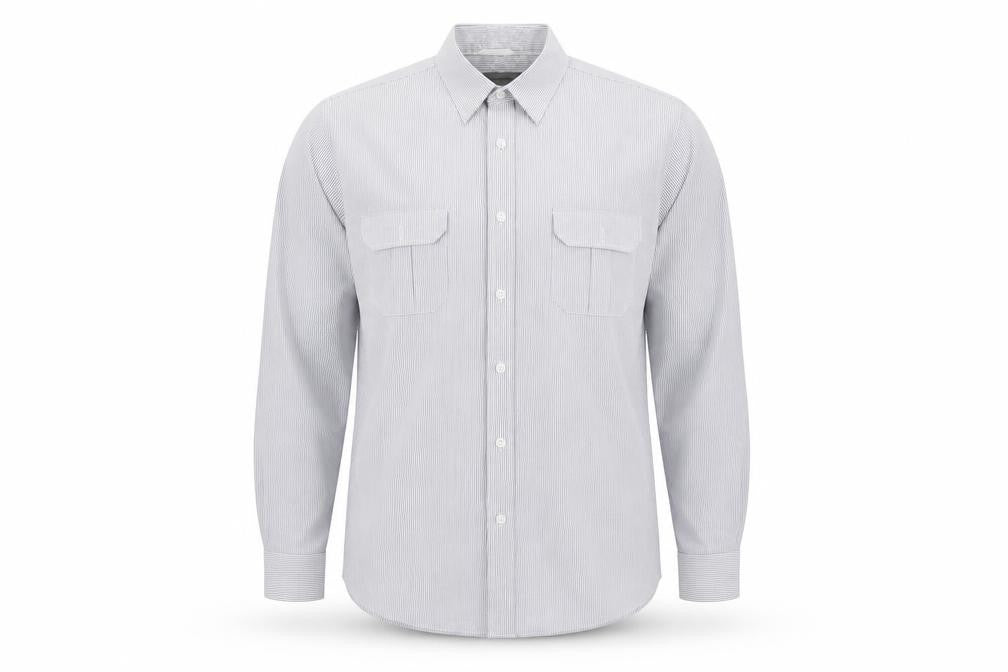 Front view of Cedarwood State men’s blue striped cotton button-up, size M, collared button