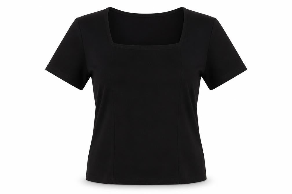 Front view of Focus women’s black polyester jersey blouse, size L, square neck