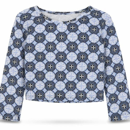 Matalan Girls Blue Geometric Cotton Cropped T-Shirt Size 9 Years Crew Neck Pullover