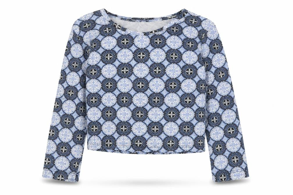 Matalan Girls Blue Geometric Cotton Cropped T-Shirt Size 9 Years Crew Neck Pullover