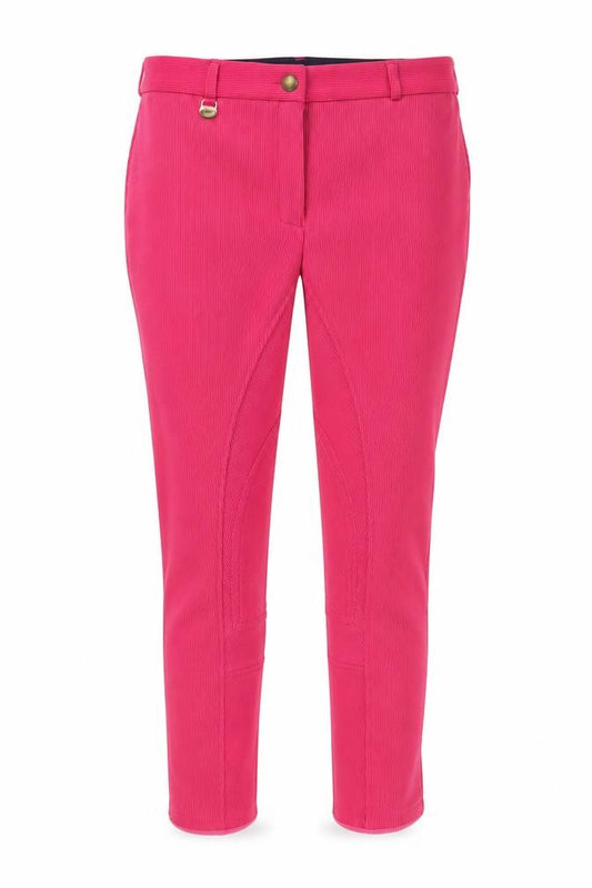 Front view of Requisite women’s pink polyester capri trousers, size UK 8, 30-inch leg regular button