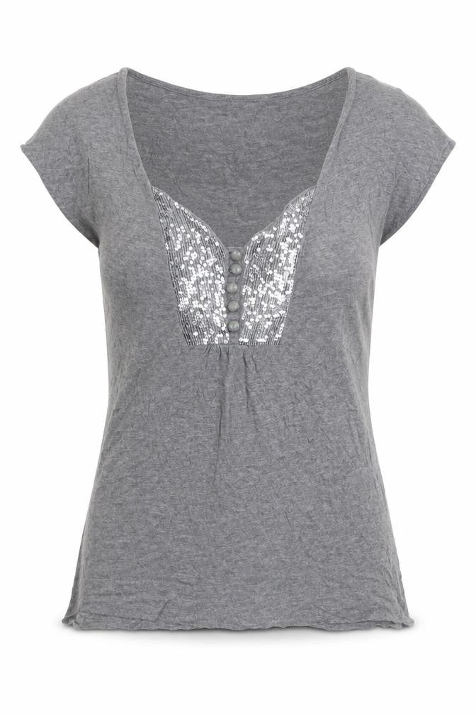 Front view of H&M women’s grey viscose basic t-shirt, size M, v-neck
