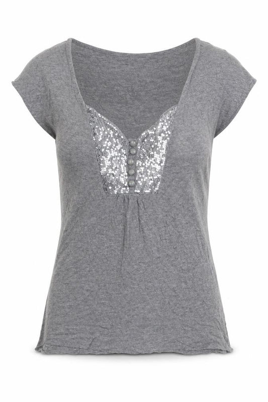 Front view of H&M women’s grey viscose basic t-shirt, size M, v-neck