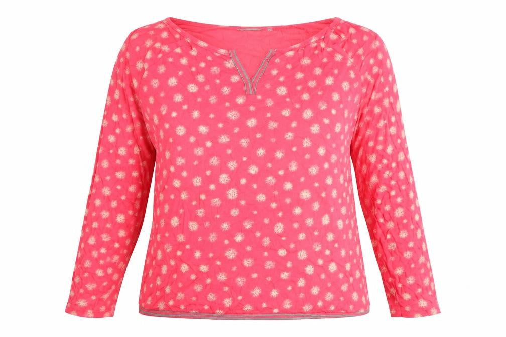 Front view of Sandwich women’s pink floral polyester basic t-shirt, size XL, v-neck