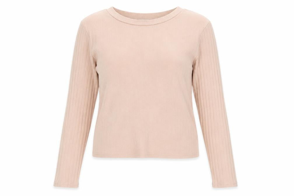Front view of River Island women’s pink crew neck polyester jumper, size UK 8