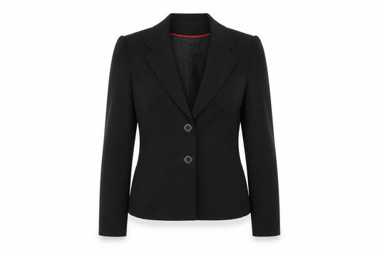 Front view of mk one women’s black 100% polyester jacket blazer, size UK 12