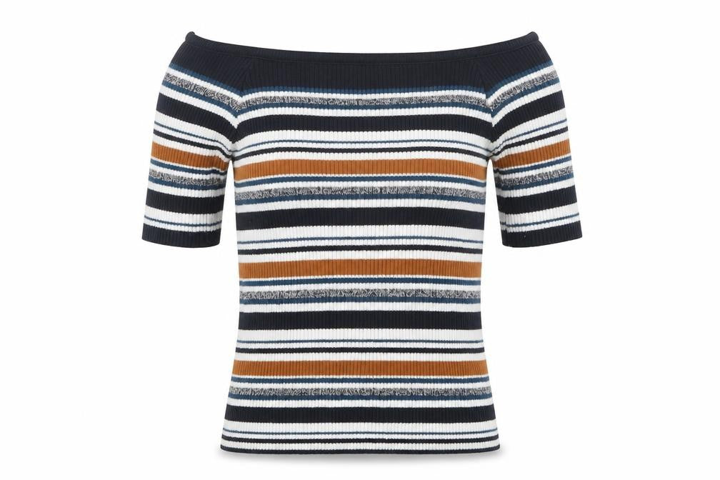 Front view of Atmosphere women’s multicoloured striped cotton basic blouse, size UK 6, off the shoulder