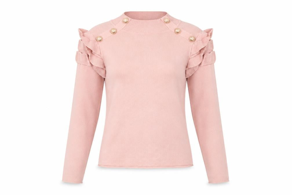 Front view of Flam Mode women’s pink mock neck viscose jumper, size S