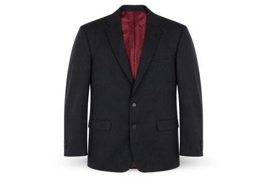 Front view of Taylor & Wright men’s black striped polyester jacket suit jacket, size L, - inside pockets, pinstriped