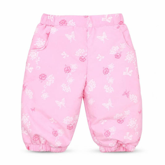 Front view of Kris & Kids girls’ pink floral polyester track pants trousers, size 3-6, months
