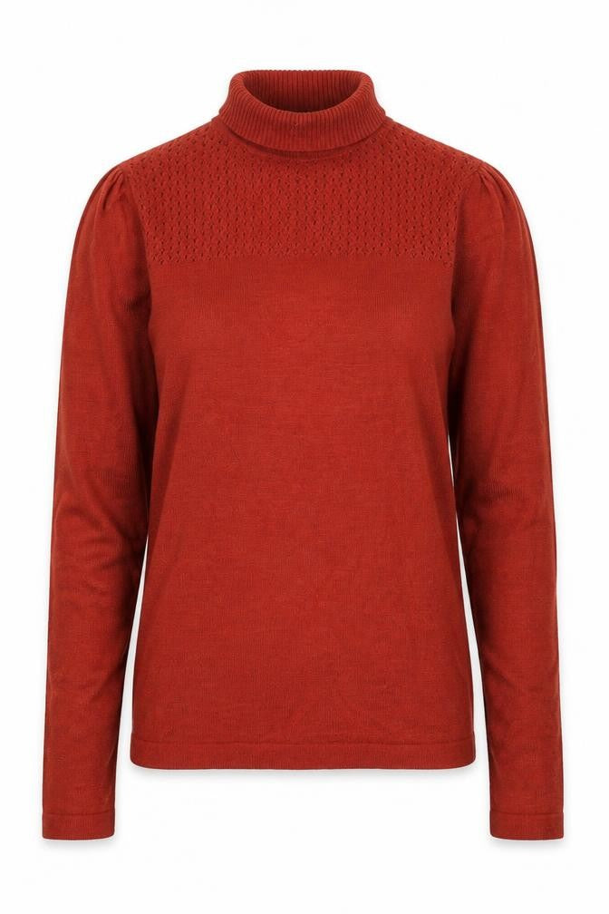Front view of Therapy women’s red roll neck acrylic jumper, size UK 8