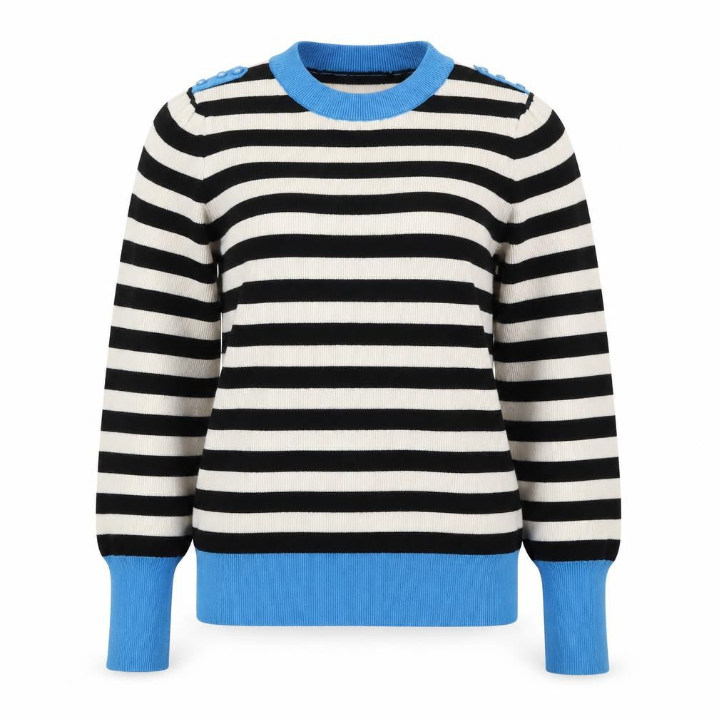 Front view of Gallery women’s black crew neck striped viscose jumper, size M, - blue