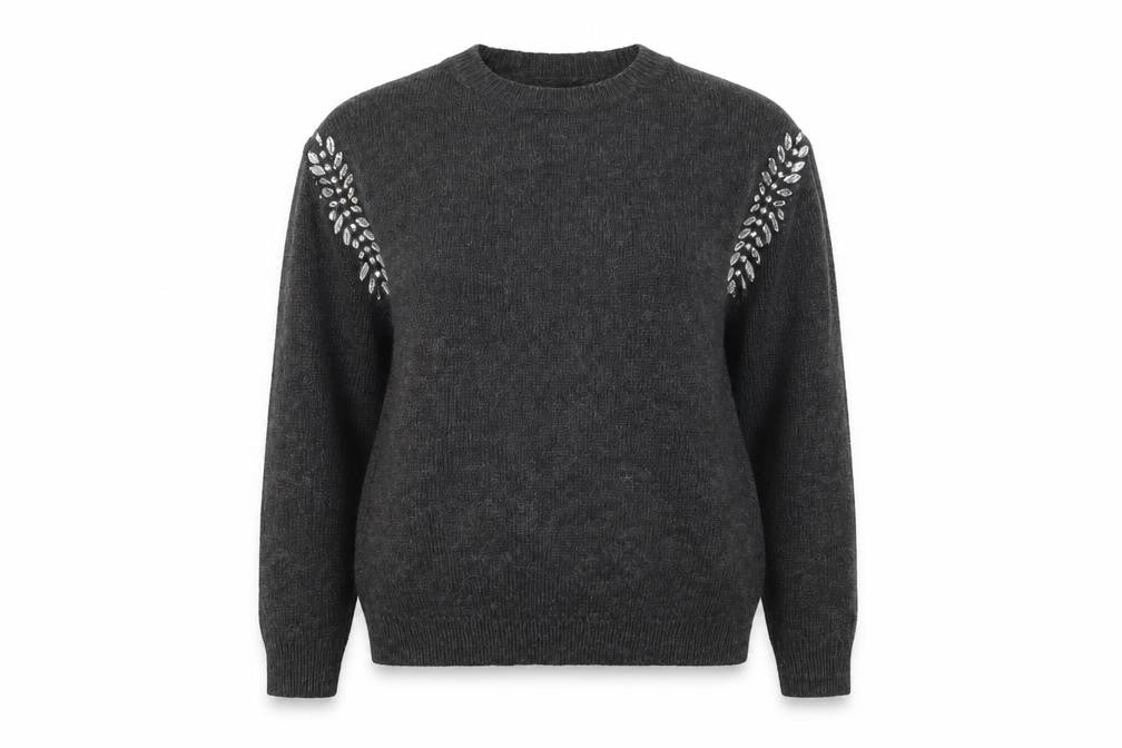 Front view of Primark women’s grey crew neck acrylic jumper, size UK 6