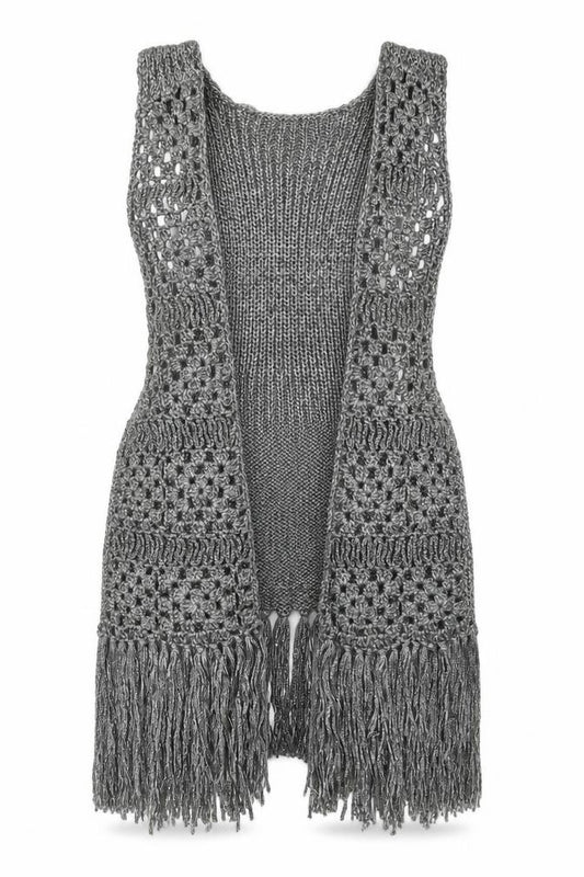 Front view of Studio F women’s grey v-neck acrylic cardigan jumper, size S