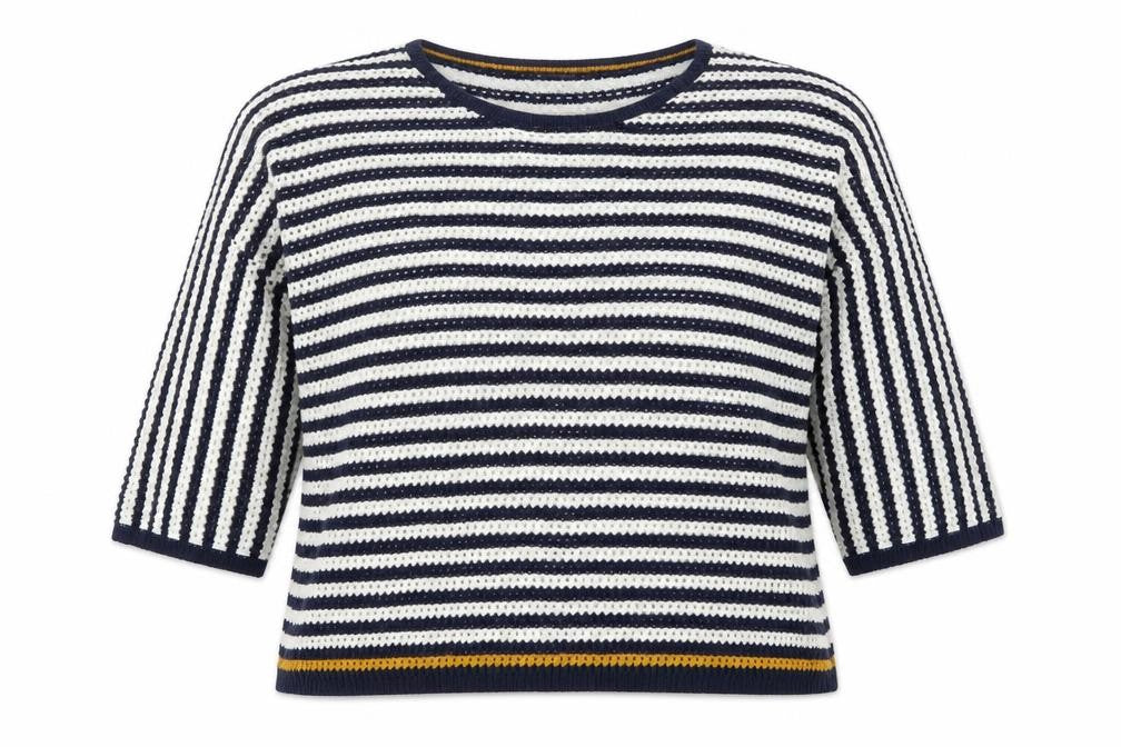 Front view of Papaya women’s blue round neck striped acrylic jumper, size M