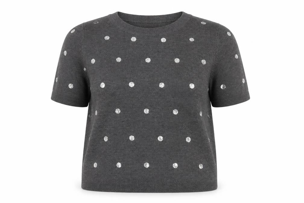 Front view of Marks & Spencer women’s grey crew neck polka dot acrylic jumper, size UK 16