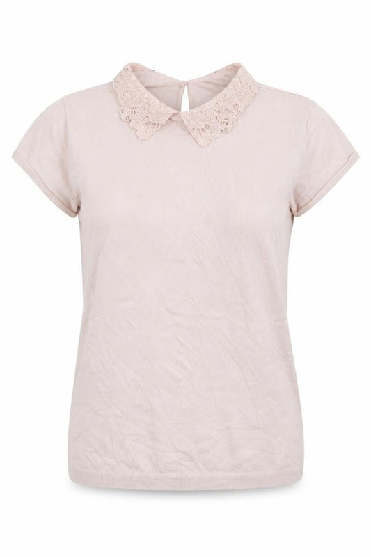 Front view of Warehouse women’s pink viscose basic t-shirt, size UK 12, collared - lace trim neckline