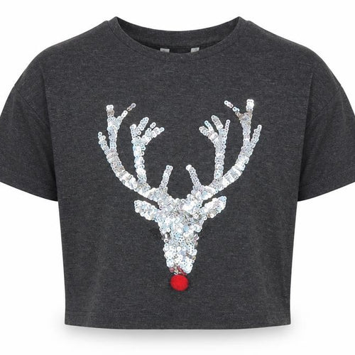 Miss e-vie Girls Grey  Polyester Cropped T-Shirt Size 7-8 Years Crew Neck  - Reindeer Christmas