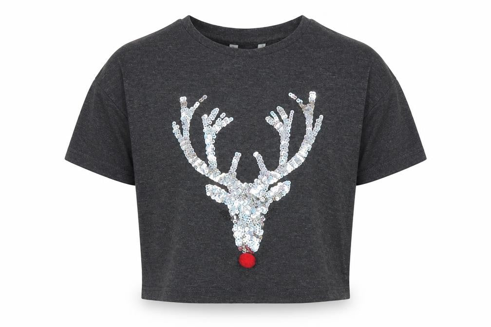 Miss e-vie Girls Grey  Polyester Cropped T-Shirt Size 7-8 Years Crew Neck  - Reindeer Christmas