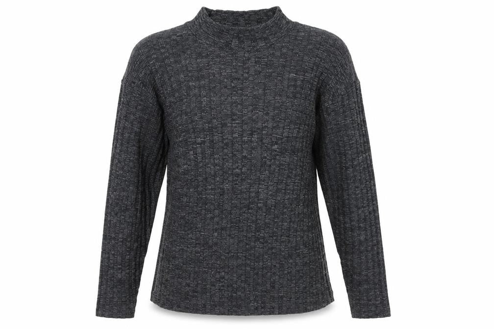 Front view of Primo women’s grey mock neck striped polyester jumper, size L
