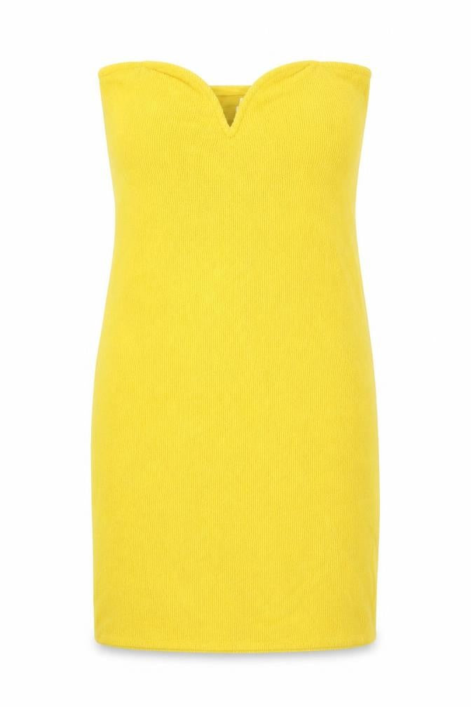 Front view of H&M women’s yellow polyester pencil dress, size S, off the shoulder