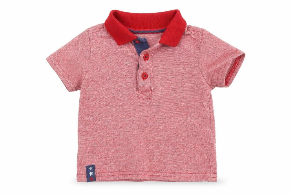 Front view of George boys’ red 100% cotton pullover polo, size 6-9, months collared button