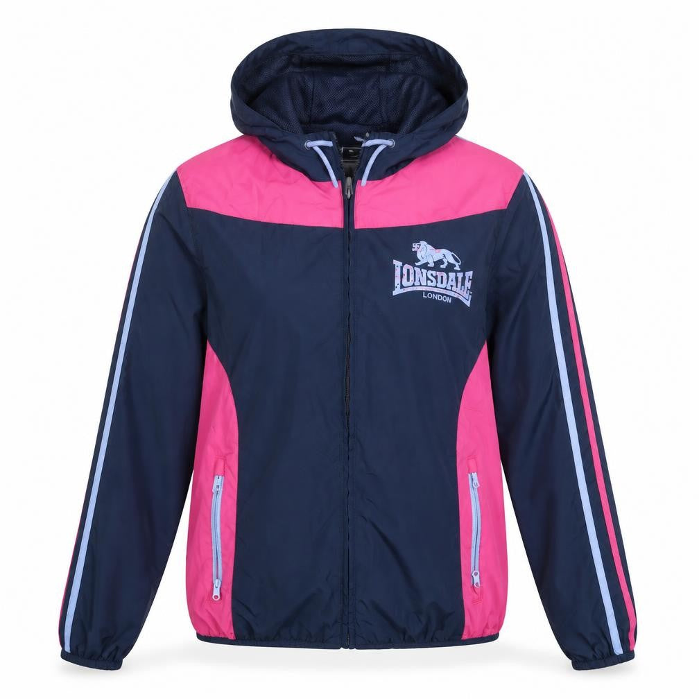 Front view of Lonsdale women’s blue striped jacket, size UK 10, zip
