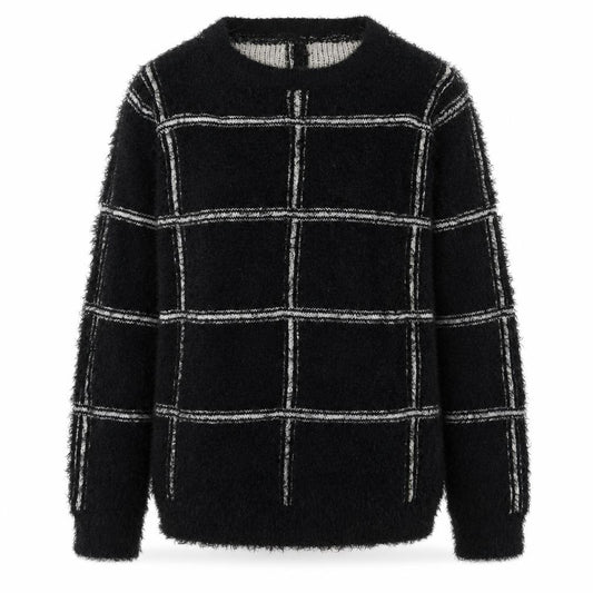 Front view of AKD-A-WEST women’s black round neck geometric polyester jumper, size UK 14