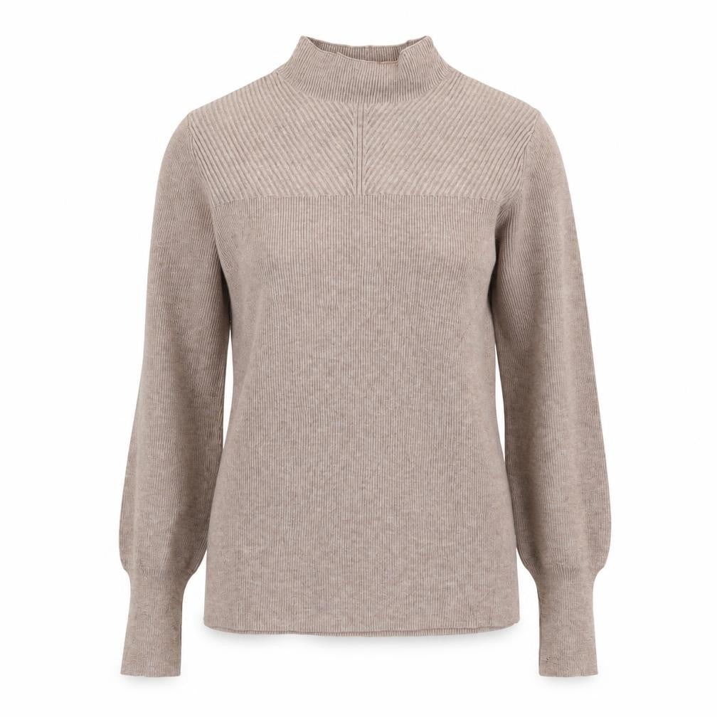 Front view of Marks & Spencer women’s beige high neck polyester jumper, size XS