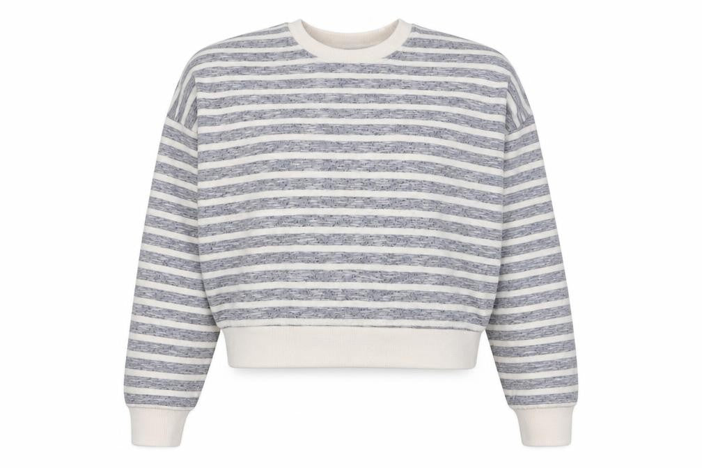 Front view of Primark women’s blue striped polyester pullover sweatshirt, size M, pullover