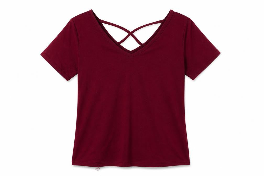 Front view of Preworn women’s red polyester jersey t-shirt, size S, v-neck