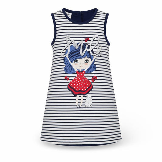 Front view of minicone girls’ blue striped cotton tank dress, size 3, years round neck