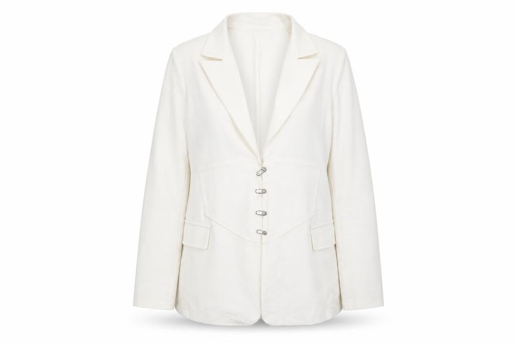 Front view of PRETTYLITTLETHING women’s white polyester jacket blazer, size UK 12, - corset detail