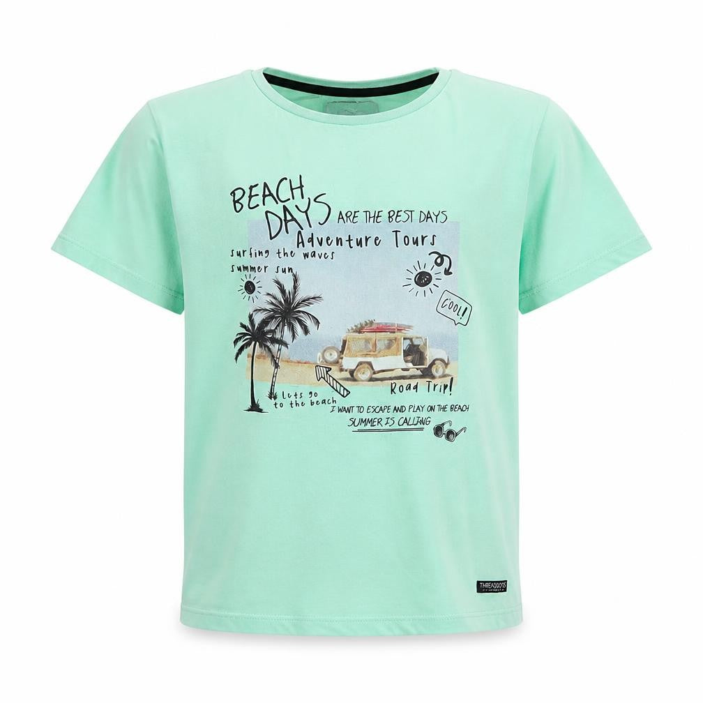 Front view of THREADBOYS boys’ green 100% cotton pullover t-shirt, size 9-10, years crew neck pullover